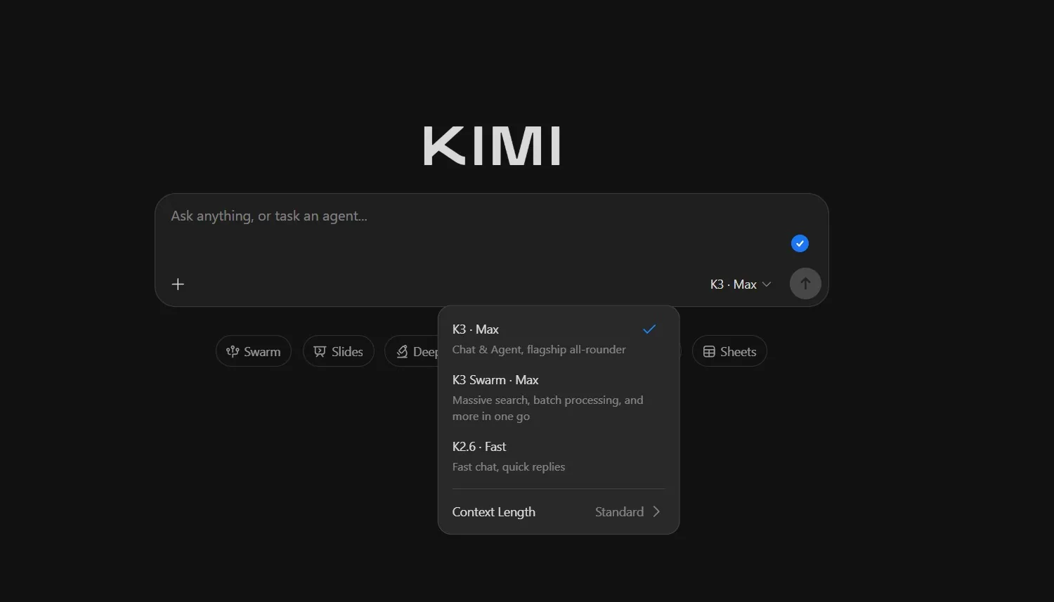 Antarmuka Kimi dengan pilihan model K3 Max dan K3 Swarm