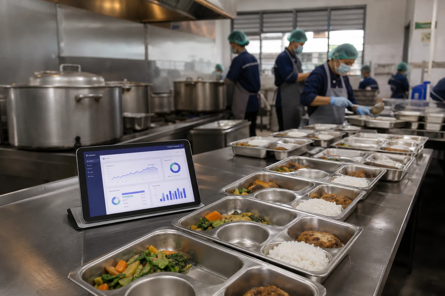 Dapur SPPG dengan nampan makanan dan tablet pemantauan operasional